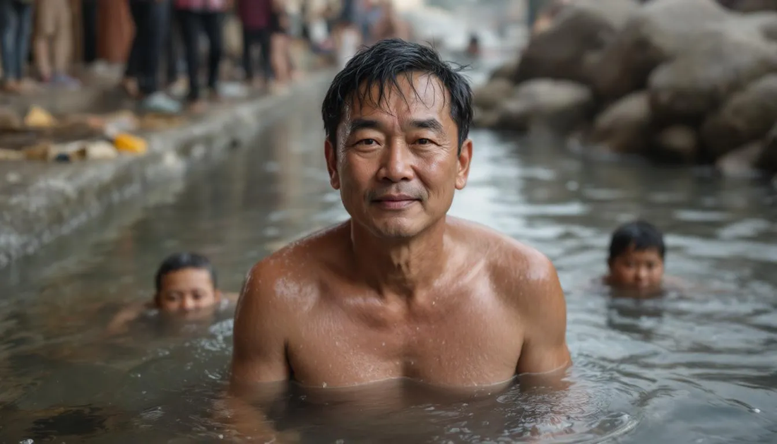 Individuals immersed in a minimalist traditional cold plunge, experiencing the invigorating effects of cold water immersion. The scene captures the moment of cold exposure