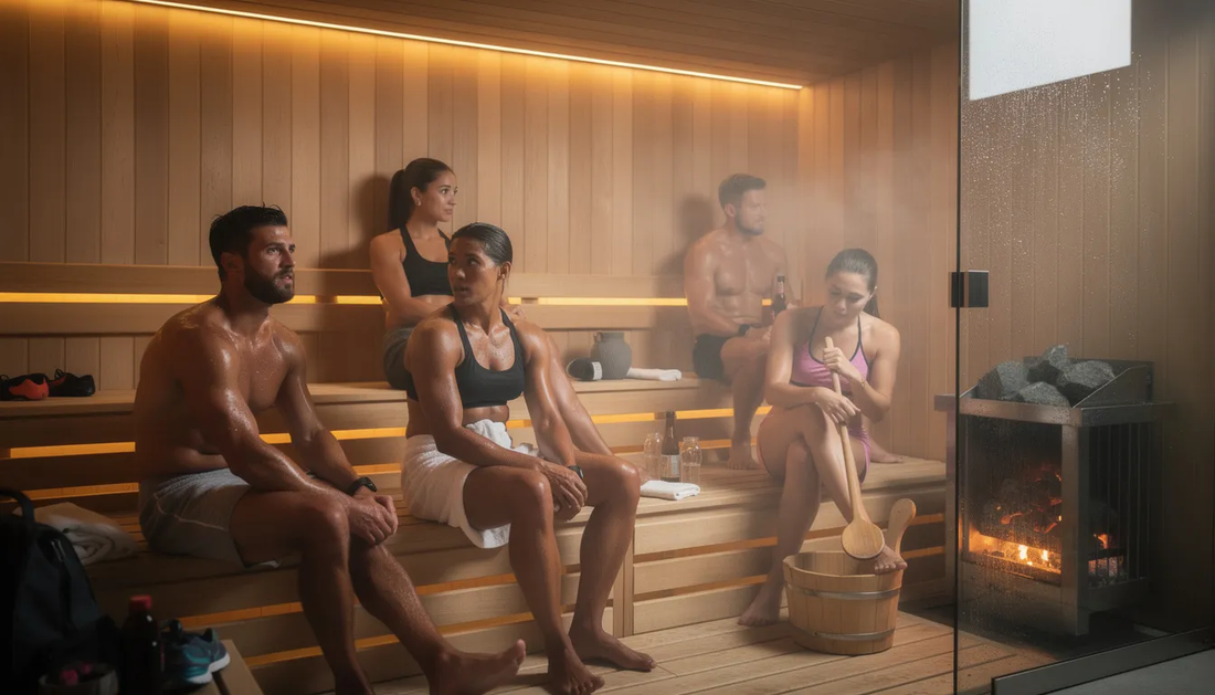 The image depicts a group of athletes relaxing in an infrared sauna, surrounded by warm light that promotes relaxation and enhances blood circulation.
