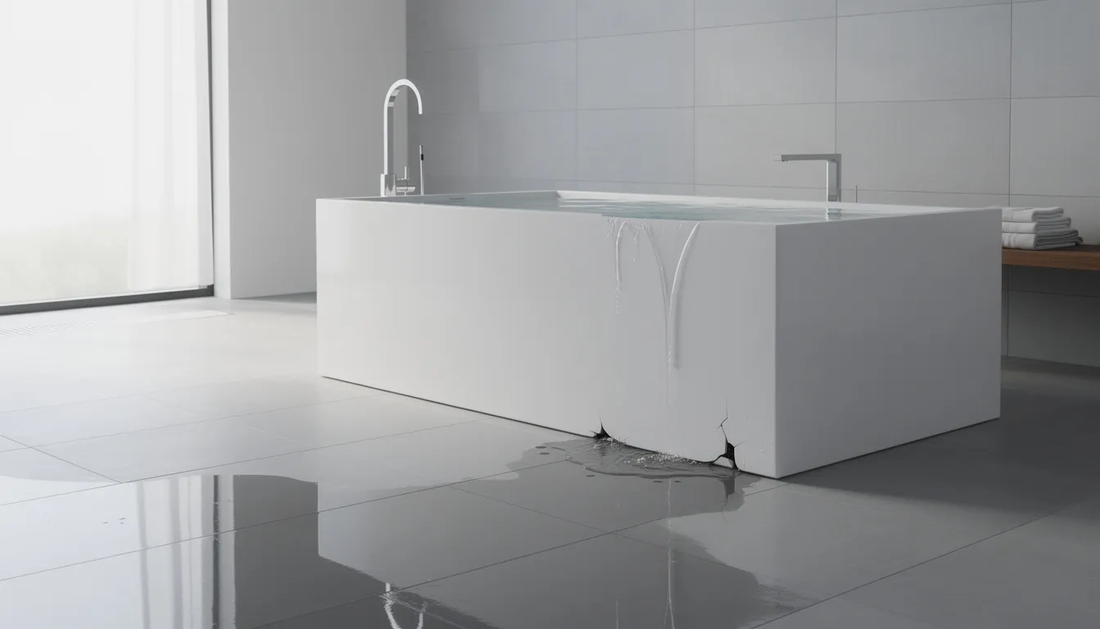 The image depicts a home cold plunge tub with visible signs of leaking, highlighting potential failure points such as the drain valve and hoses.