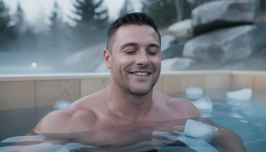 A man is enjoying a cold plunge session, which is known to support lymphatic drainage and enhance immune function. His immersion in the cold water is a part of a self-care routine aimed at promoting lymph flow and reducing swelling in the body.
