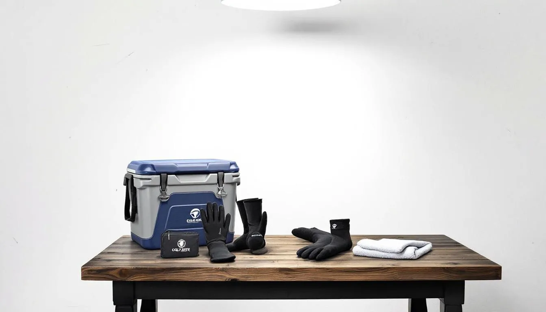 The image showcases a variety of cold plunge gear essential for cold water immersion, including neoprene booties, water shoes, and a wool hat