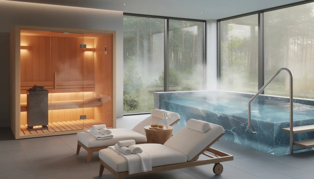 This image depicts a serene backyard wellness retreat featuring a combination of an outdoor sauna and a cold plunge tub, designed for relaxation and muscle recovery