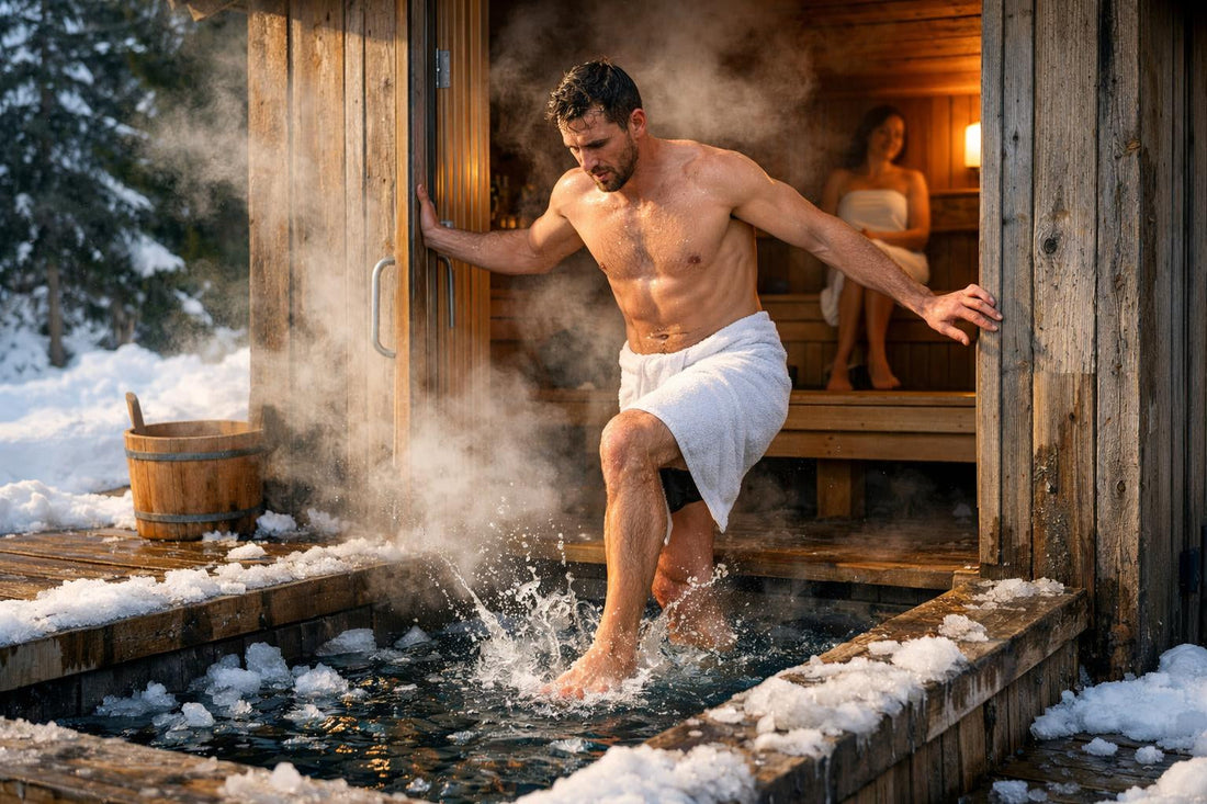 The image depicts a person stepping from a warm sauna into a cold plunge, experiencing the invigorating effects of contrast therapy.