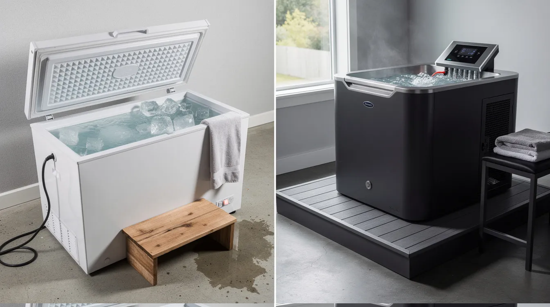 The image compares a DIY cold plunge setup using a chest freezer with a purpose-built cold plunge tub