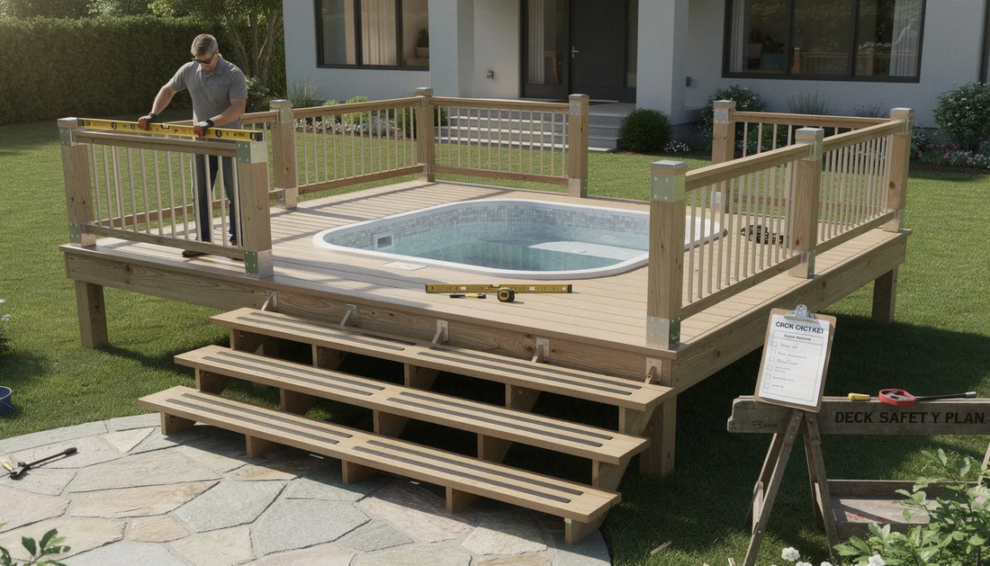 The image depicts a DIY cold plunge deck being constructed in a backyard oasis, featuring a reinforced concrete pad and composite decking.