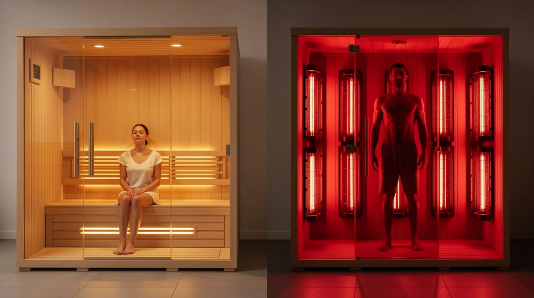 The image depicts two types of infrared saunas side by side, illustrating the differences between far infrared and near infrared saunas.