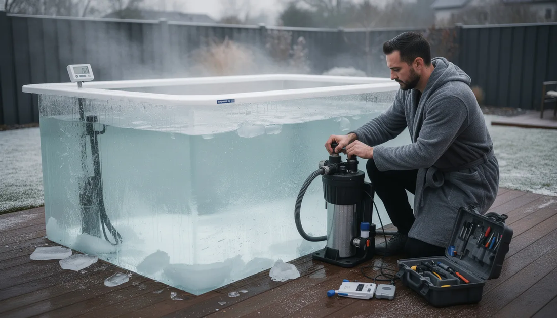 The image depicts a cold plunge tank filled with icy water, surrounded by warm clothing and towels, emphasizing the importance of safety and comfort during cold water immersion.
