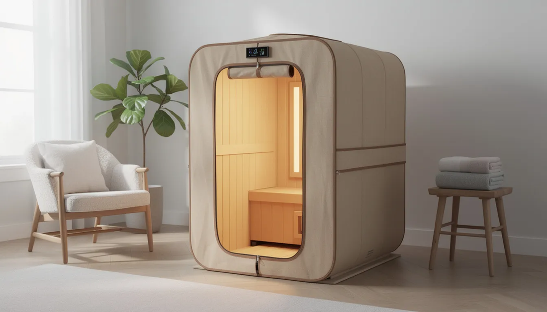 The image features a portable steam sauna, designed as a foldable tent that allows for a full body sauna experience at home.