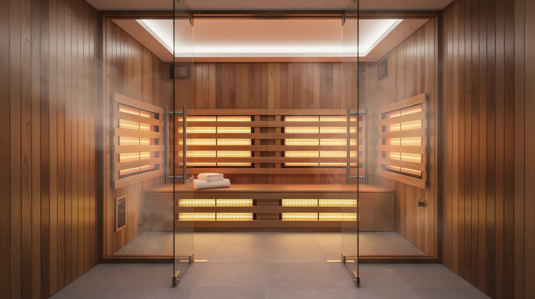 The image depicts a modern full-spectrum sauna featuring sleek design and ceramic panels that emit various infrared wavelengths, including near, mid, and far infrared light.