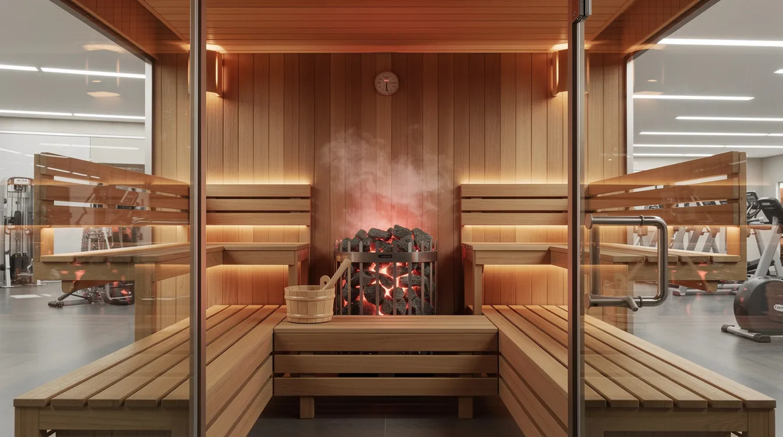 The image depicts a serene gym sauna, featuring wooden benches and warm, inviting lighting, ideal for a relaxing sauna session.