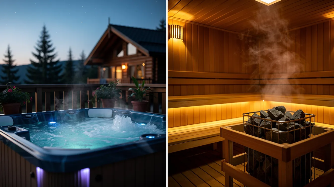 The image contrasts a hot tub and a sauna, showcasing the warm, inviting water of the hot tub on one side and the steamy, wooden interior of the sauna on the other.