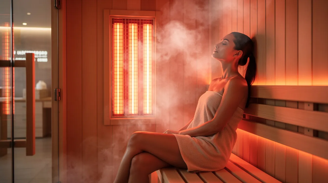 A person is sitting comfortably in a modern infrared sauna, surrounded by warm, glowing infrared light that penetrates deeply into their body, promoting muscle relaxation and improved circulation.