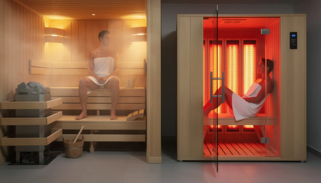 The image contrasts traditional saunas and infrared saunas, showcasing their distinct heating methods