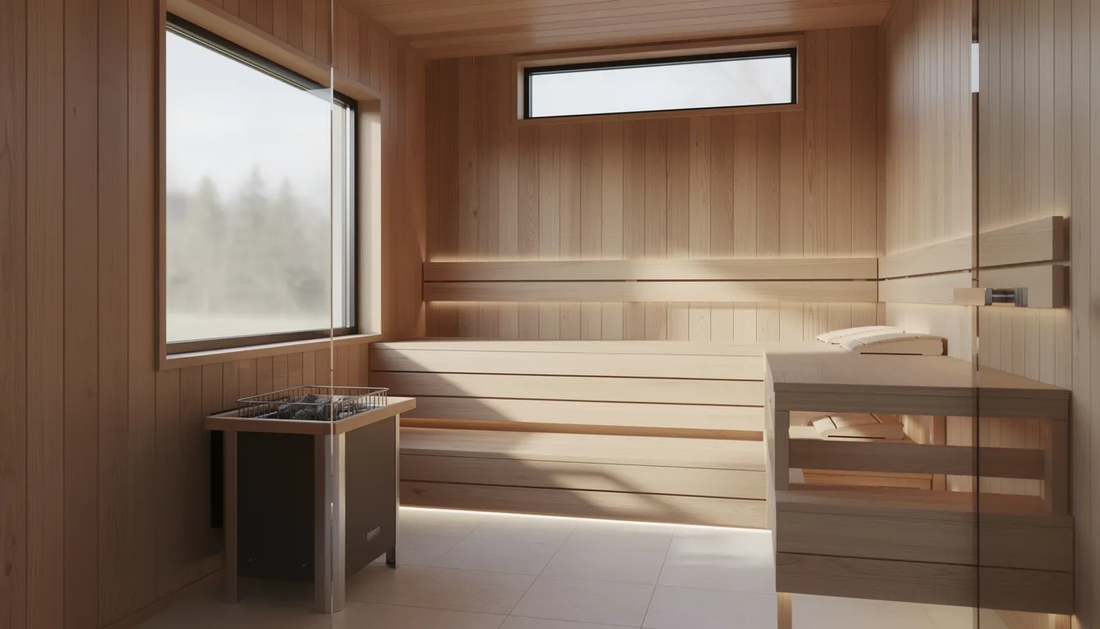 The image depicts an indoor sauna featuring strategically placed sauna windows that balance privacy and natural light