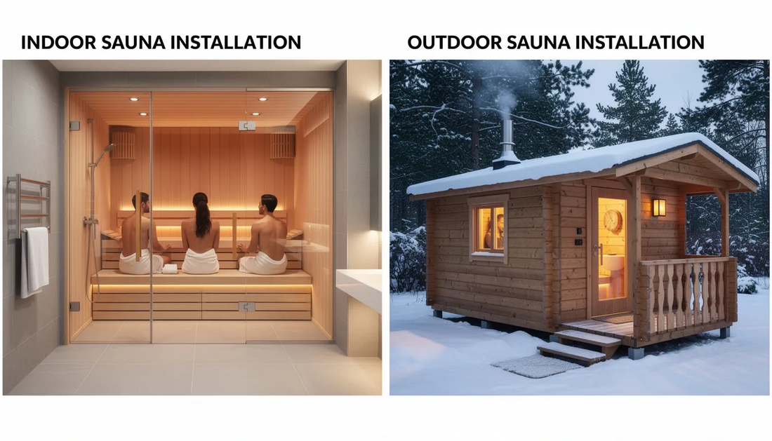 The image compares indoor and outdoor sauna installations, showcasing various sauna types such as traditional and infrared models