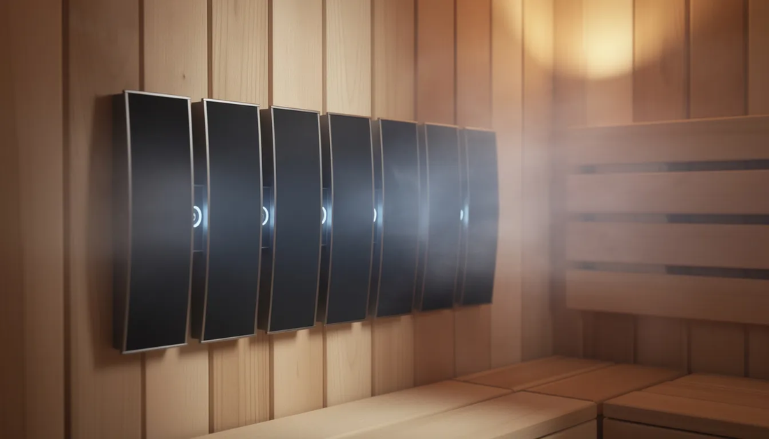 The image depicts an infrared sauna heater that appears to be malfunctioning, with visible components such as carbon emitters and a control panel.