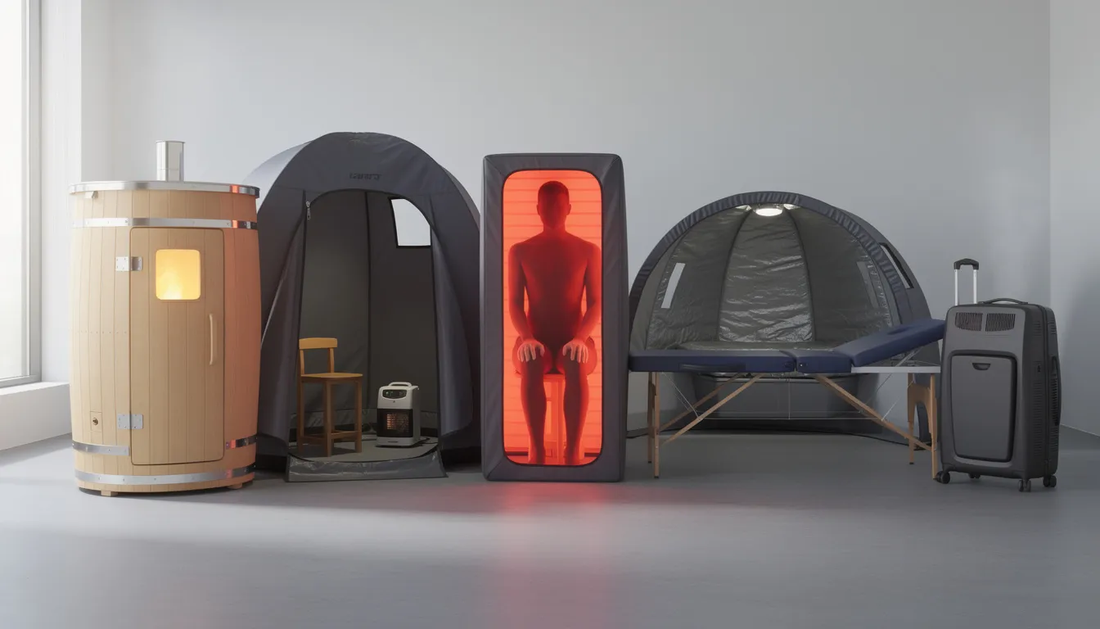 The image showcases different types of portable saunas, including sauna tents, infrared saunas, and sauna pods, each designed for various sauna experiences.
