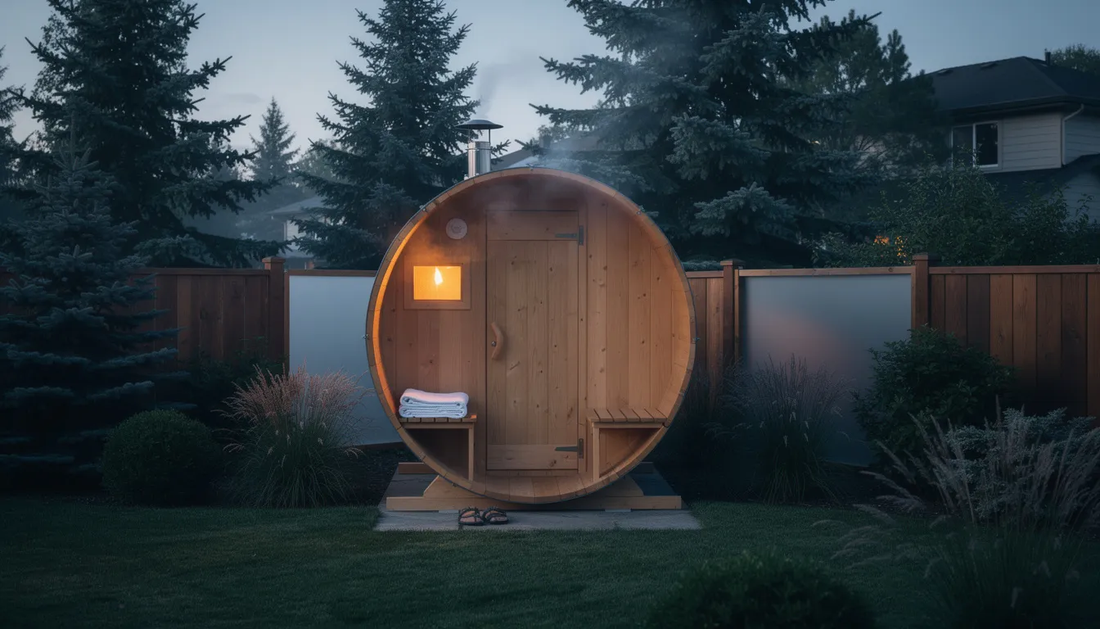The image depicts a serene outdoor space designed for relaxation, featuring an outdoor sauna and a cold plunge area surrounded by lush greenery and flowering plants.