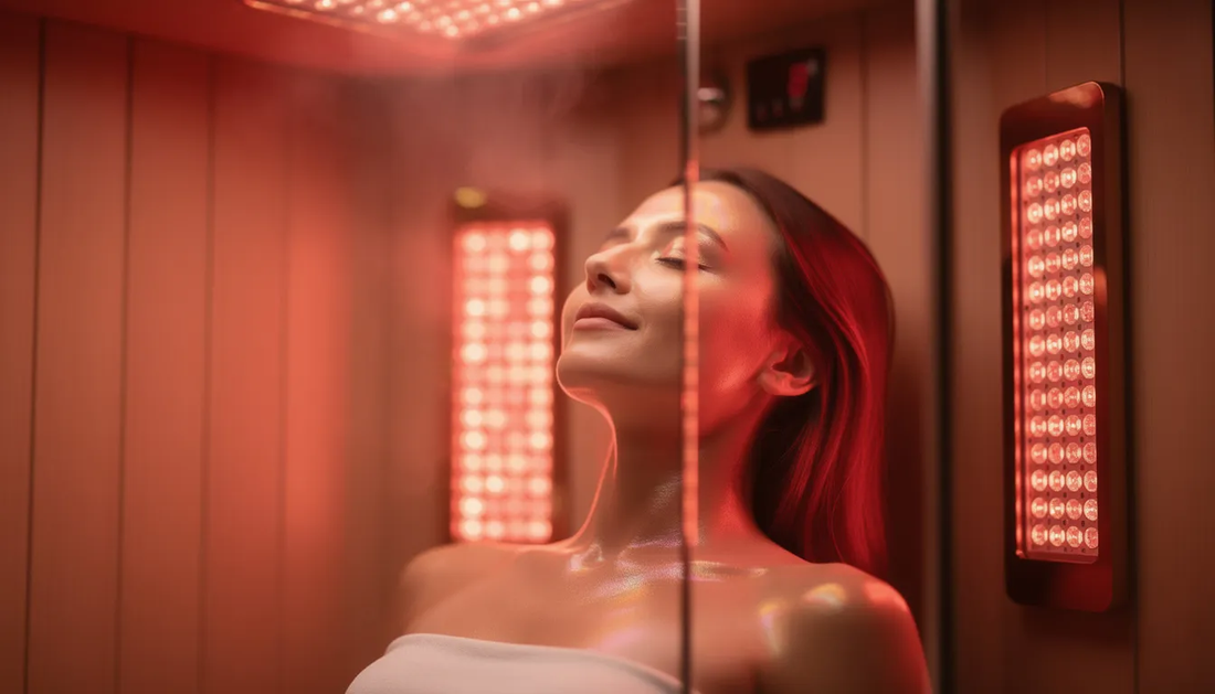 The image showcases a serene infrared sauna environment, designed for skin rejuvenation and health benefits.