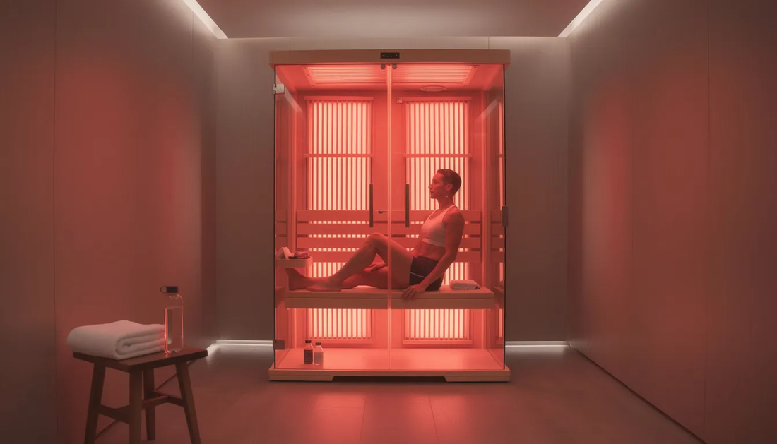 The image depicts a modern infrared sauna designed for weight loss, featuring a sleek wooden exterior and soft, glowing red light inside.