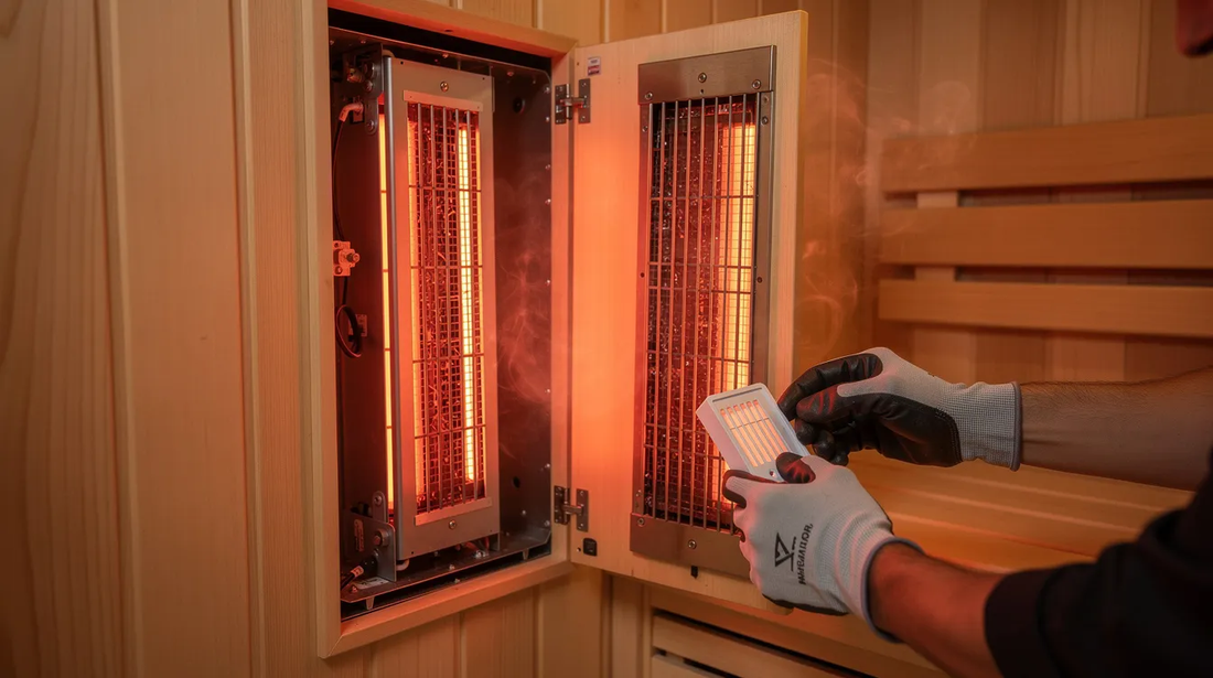 The image depicts a close-up view of infrared sauna emitters, showcasing the advanced infrared technology designed to enhance sauna sessions.