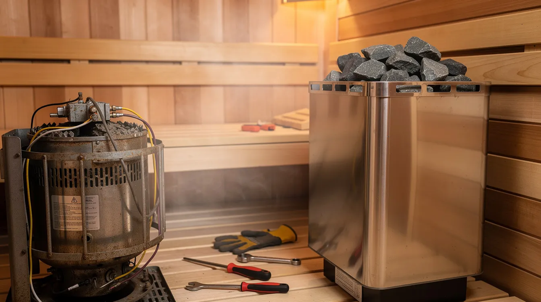 The image depicts a sauna space where a new sauna heater is being installed, showcasing the heater unit alongside heating elements and stones.