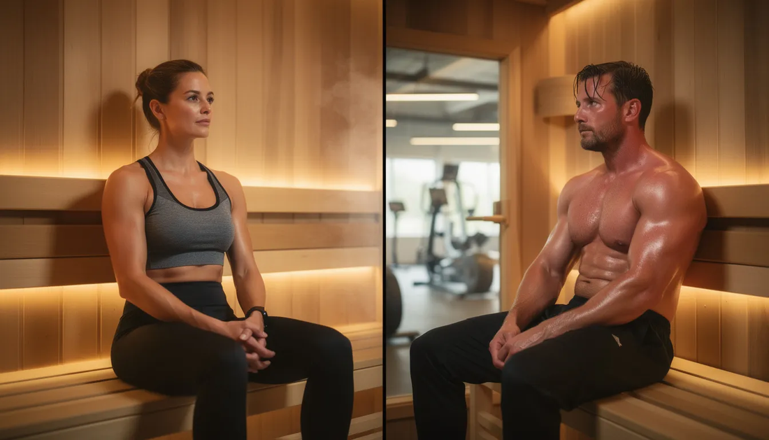 The image depicts a serene gym environment with a portable sauna setup, showcasing a sauna tent in a corner, inviting users to experience heat therapy.