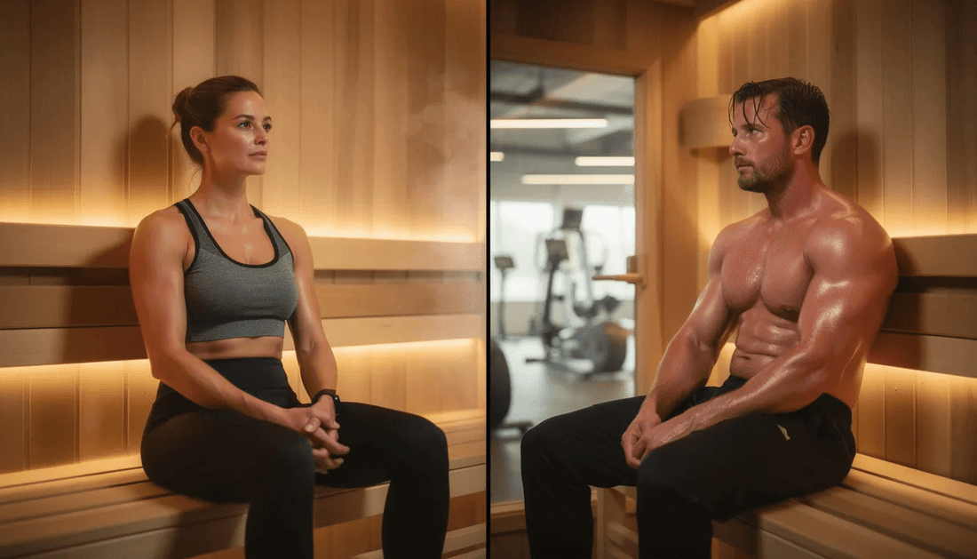 Two athletes rest in sauna after intense workout session.