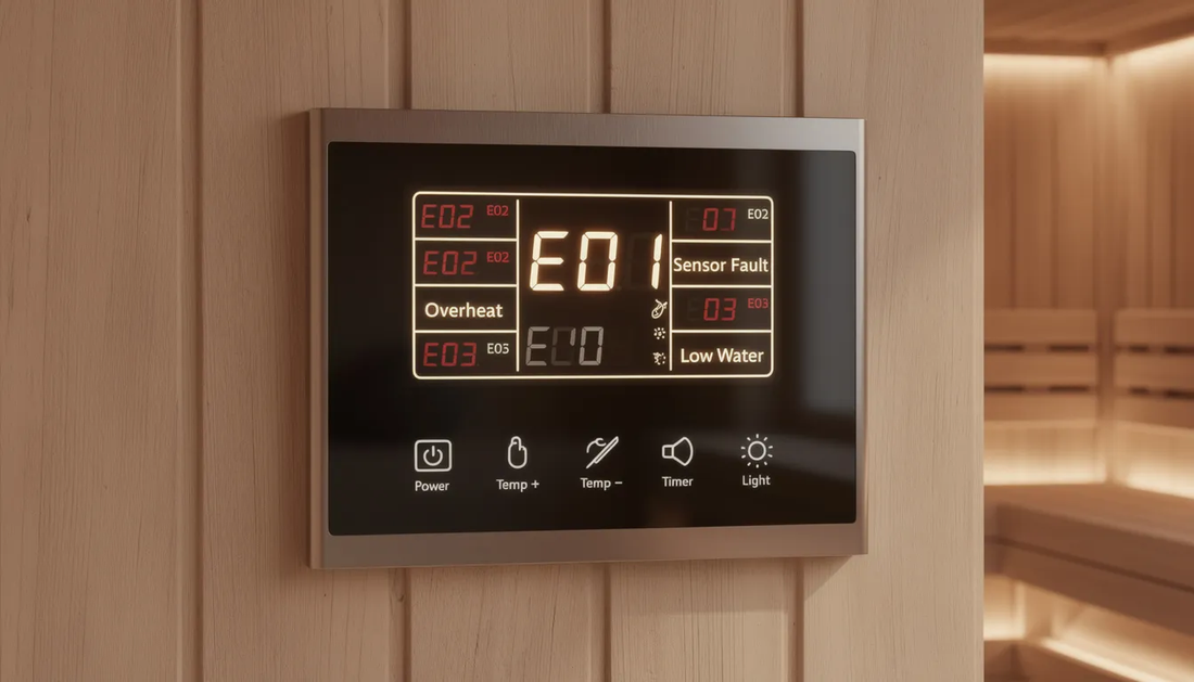 The image displays a sauna control panel featuring various error codes, designed to help users troubleshoot issues with the sauna's temperature sensor and heating components.