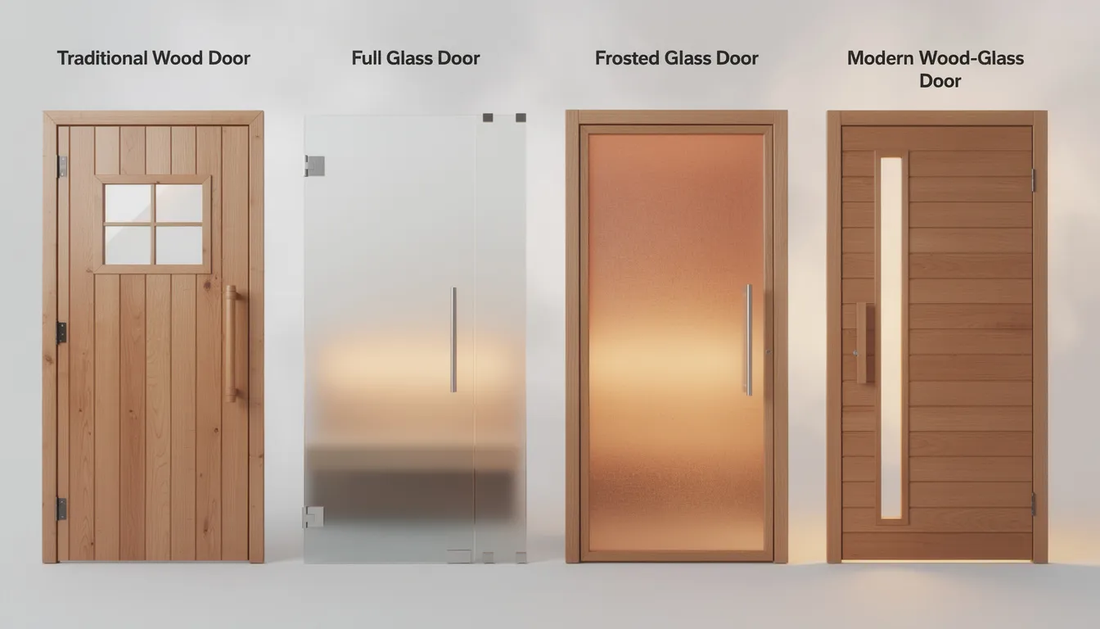 The image showcases various sauna door types, including sleek glass sauna doors and traditional wooden sauna doors, highlighting their distinct styles and materials.