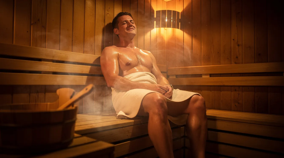 A man is sitting in a home sauna, surrounded by warm wooden walls and benches, as he enjoys the soothing heat from the sauna heater.