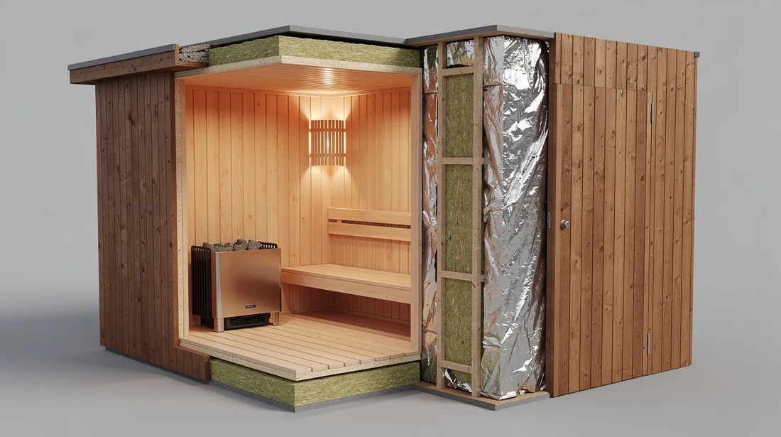 The image depicts an outdoor sauna showcasing its proper insulation features, including well-constructed sauna walls and ceiling insulation