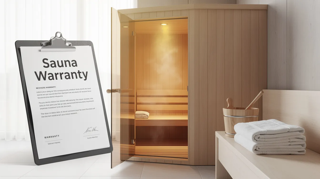 The image depicts a sauna warranty card, highlighting important details such as the limited lifetime warranty that covers parts like heating elements and sauna heaters.