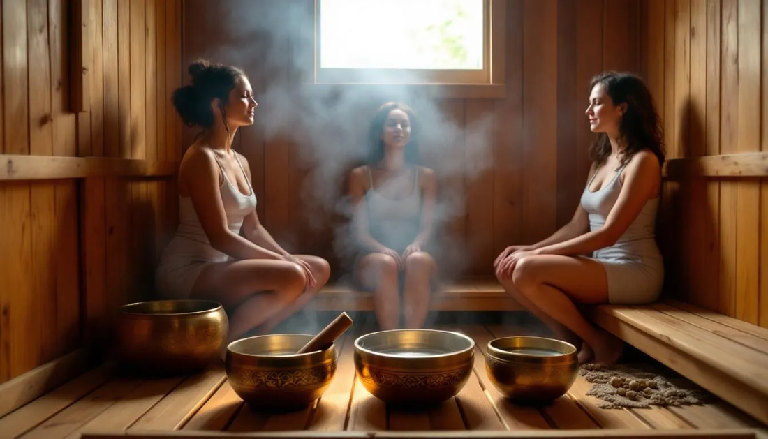 The image depicts three ladies enjoying a sauna session while surrounded by various sound bowls, including Tibetan and crystal singing bowls