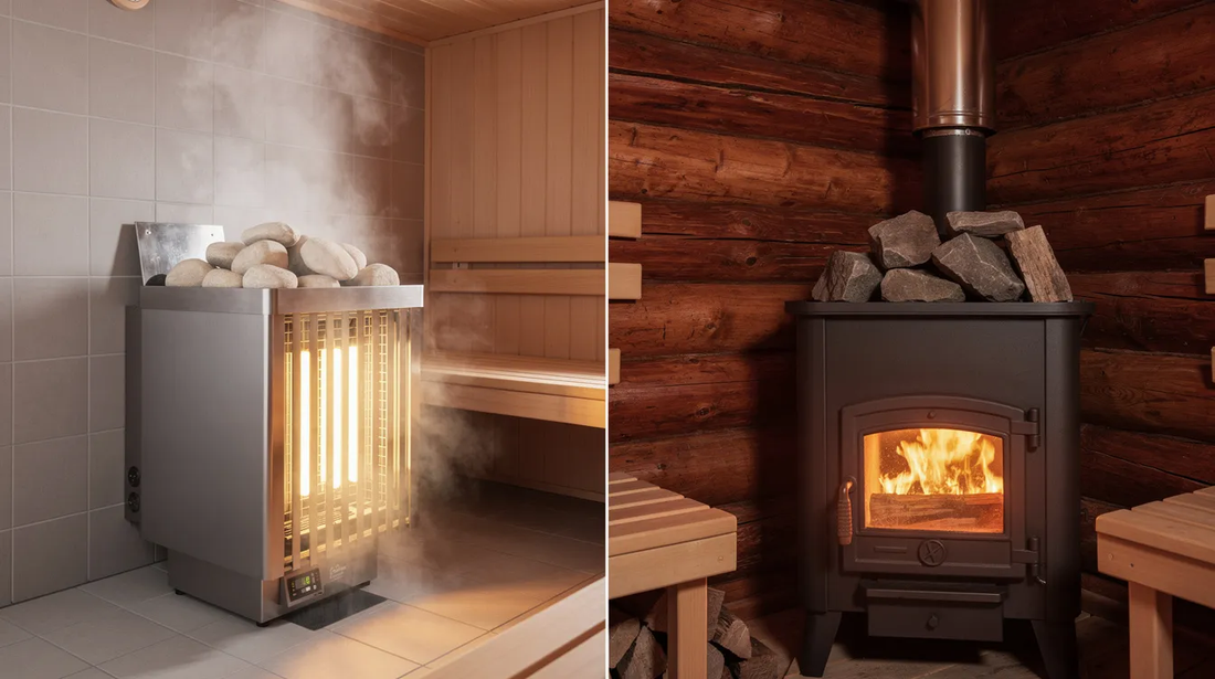 The image depicts a comparison of steam and wood sauna heaters, showcasing a traditional wood burning sauna stove alongside an electric sauna heater.