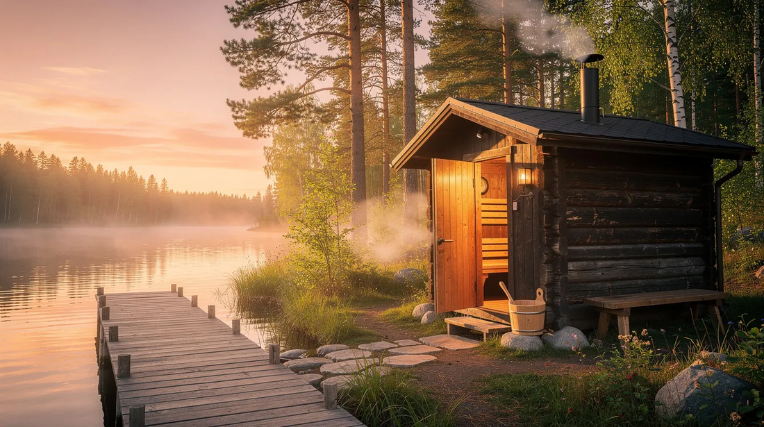An inviting summer sauna scene showcases an outdoor sauna nestled among lush greenery, radiating warmth amidst the summer heat.