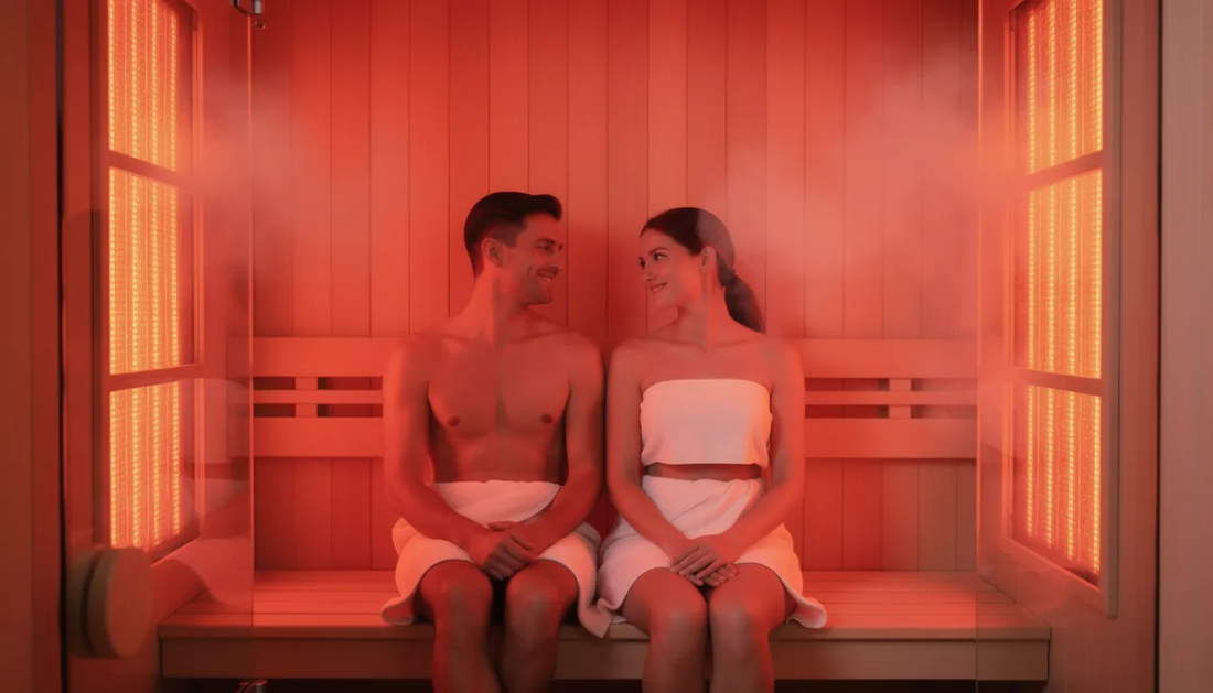 A couple is enjoying a relaxing infrared sauna session together, surrounded by soothing warmth from the infrared panels.