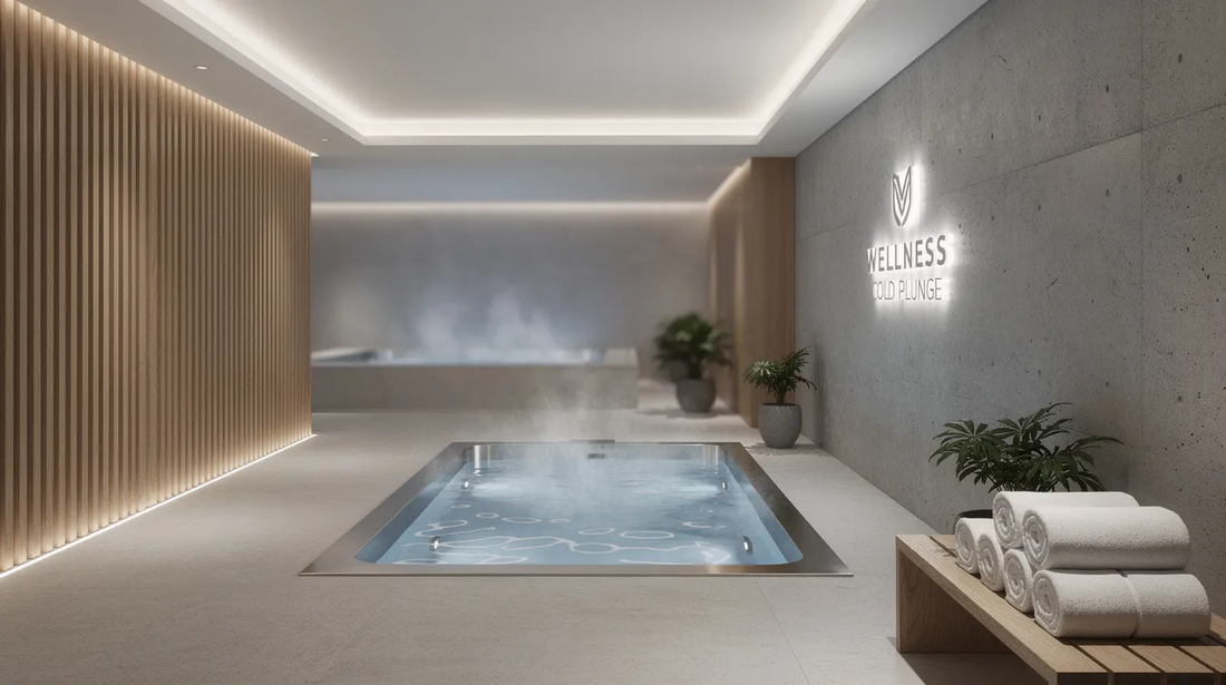The image depicts a modern wellness center cold plunge area featuring a sleek cold plunge tub filled with icy water, designed for cold therapy and recovery.