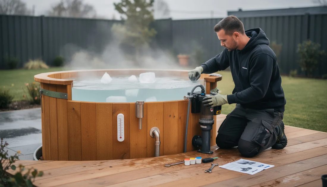 The image depicts a man performing maintenance on a cold plunge tub, which is used for cold water immersion therapy.