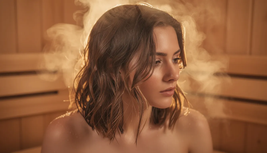 The image depicts a serene indoor sauna setup, showcasing a person enjoying the warmth of a full spectrum infrared sauna, which is designed to promote relaxation and wellness.