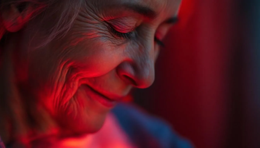 The image shows a face with visible wrinkles being treated with red light therapy