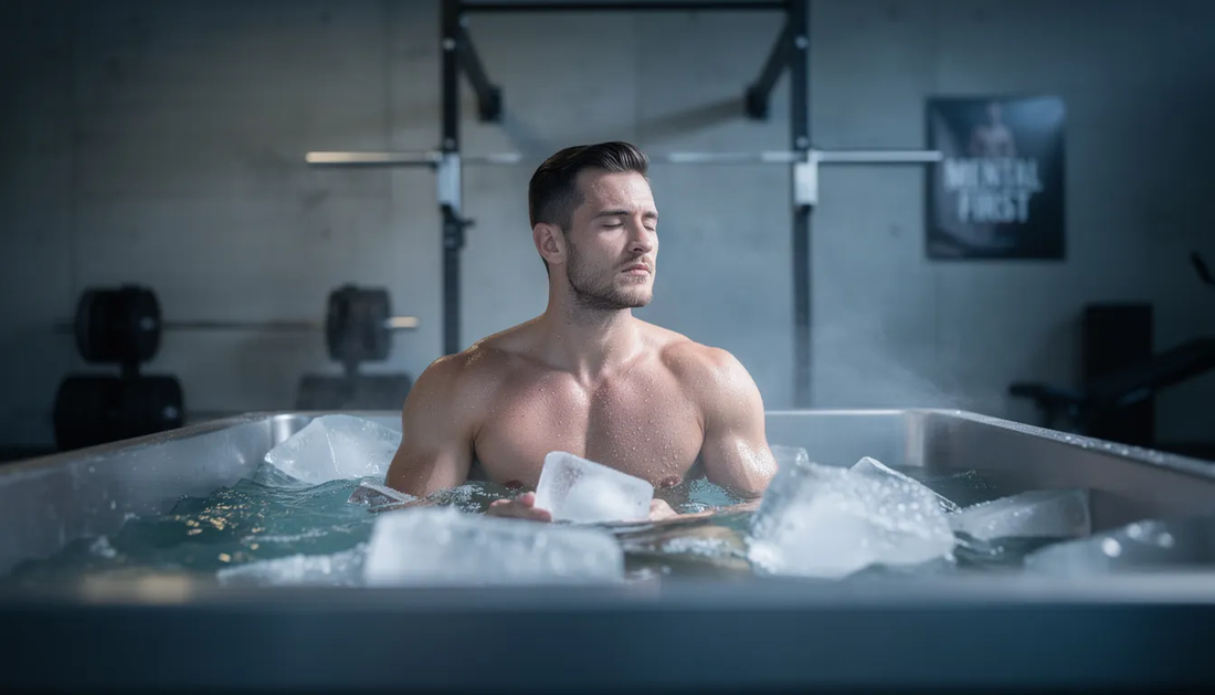 A man is immersing himself in a cold plunge, utilizing cold water exposure as a pre-workout mental primer to enhance mental clarity and focus