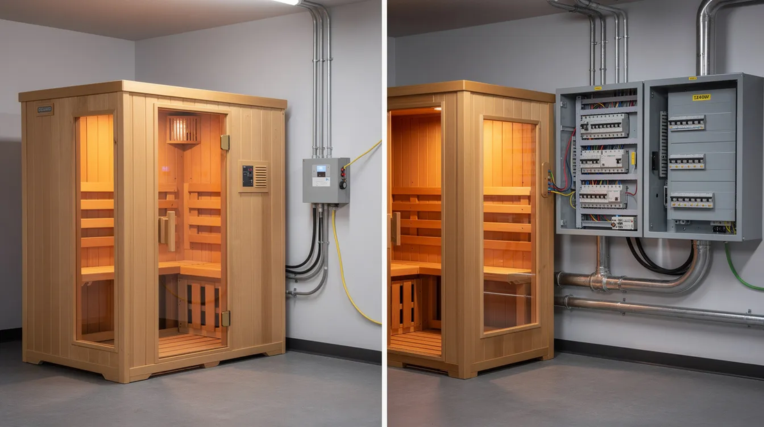 The image illustrates a comparison of power supply options for home saunas, highlighting the differences between 120v and 240v setups, with visual elements representing traditional electric saunas and infrared saunas.