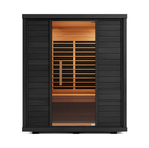 Front view of the Sun Home Equinox Infrared Sauna with glass door framing cedar interior and heater elements