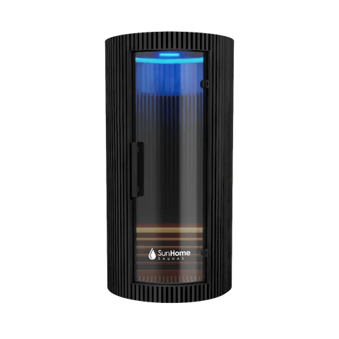 Sun Home Pod 1-person red light infrared sauna, cylindrical black ribbed cabin with glass door closed and a blue interior glow