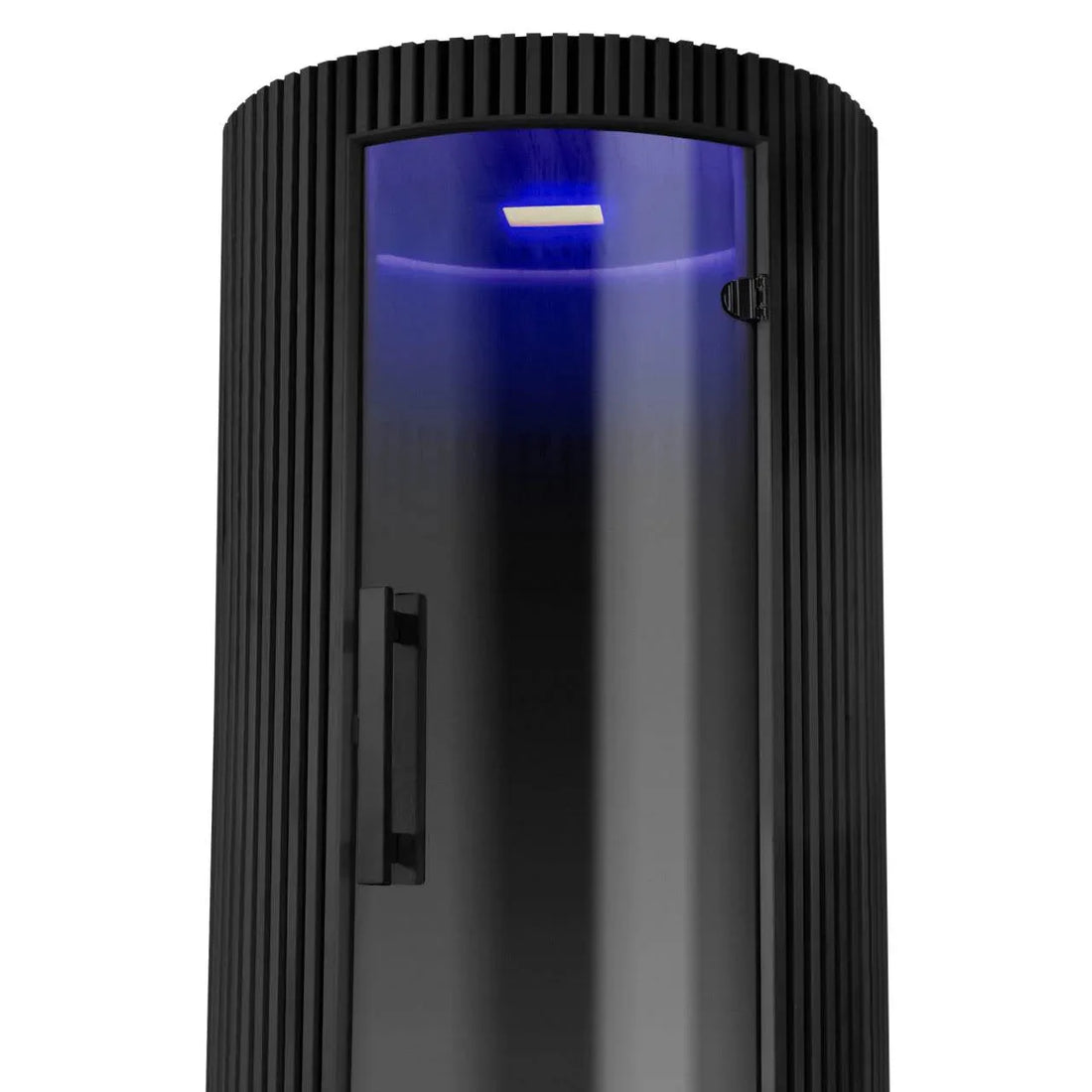 Sun Home Pod 1-person red light infrared sauna, black ribbed cylinder with glass door closed and blue interior glow, on a plain background