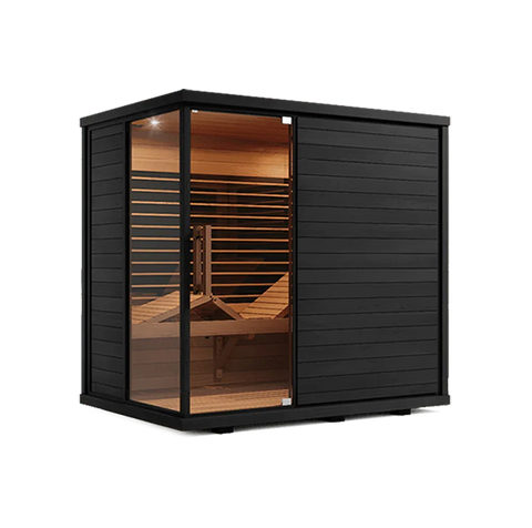 Angled studio render of Sun Home Solstice 4-Person Infrared Sauna with black slatted exterior and lit cedar interior