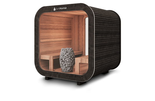 Sun Home Solaris Medium traditional sauna, black exterior and natural cedar interior with rock heater, side view