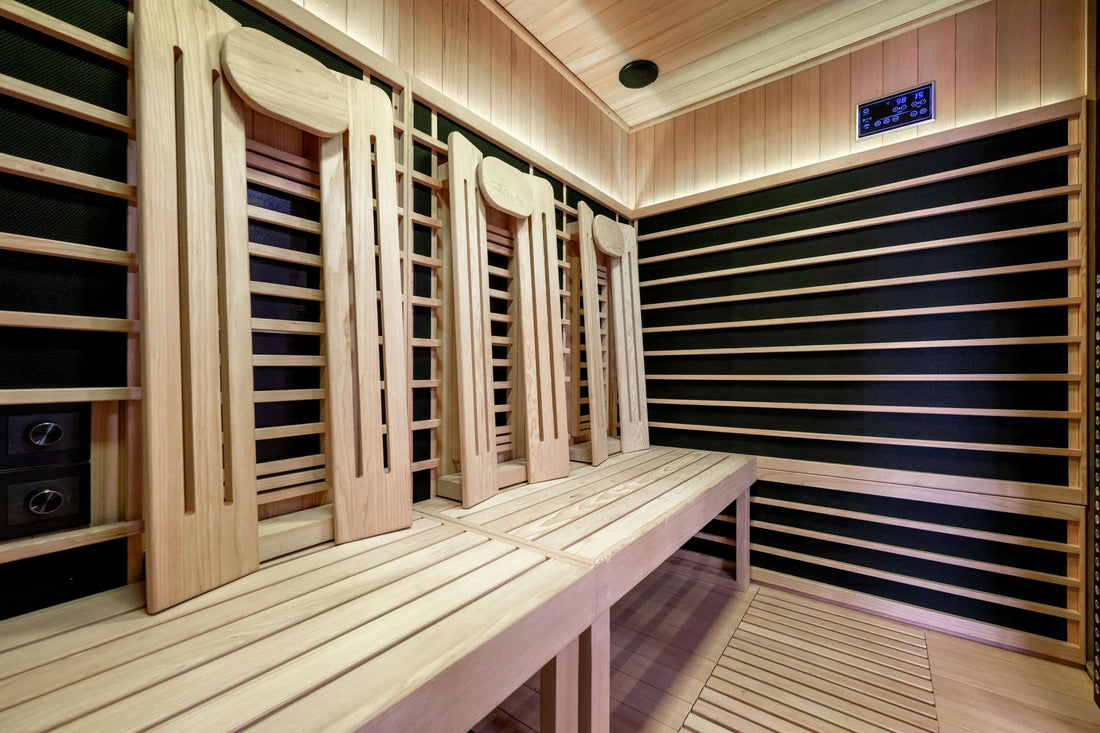 Sun Home Eclipse 4-person infrared sauna interior showing benches, backrests and control panel in natural light