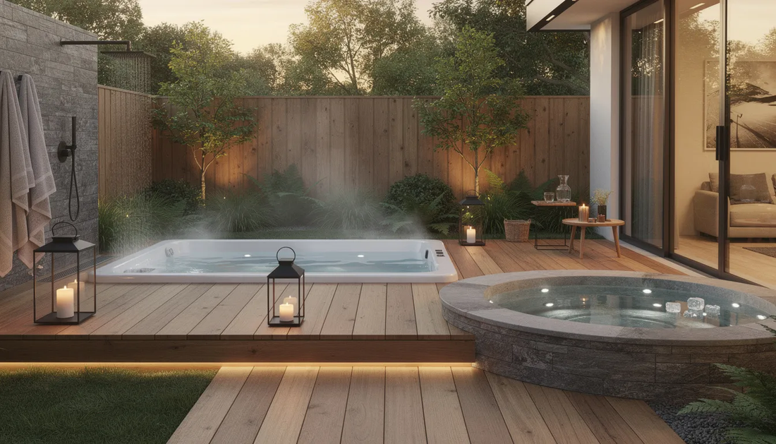 The image depicts a serene backyard wellness retreat featuring a hot tub and a cold plunge tub, surrounded by fragrant plants and ornamental grasses. 